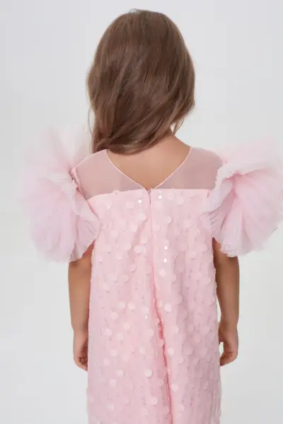 Платье из декоративной сетки с цветами и пайетками, с драпированными рукавами — изображение 7