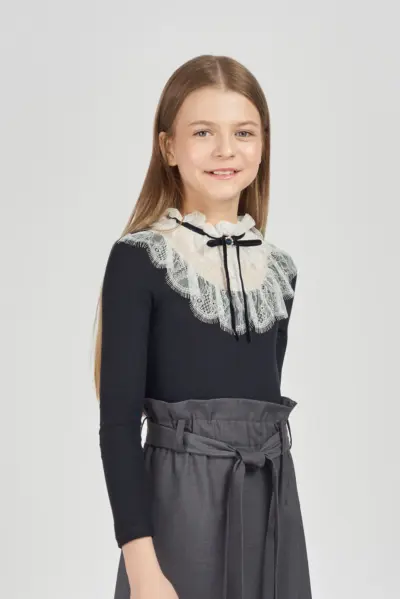 Блузка с кружевом комбинированная, синяя