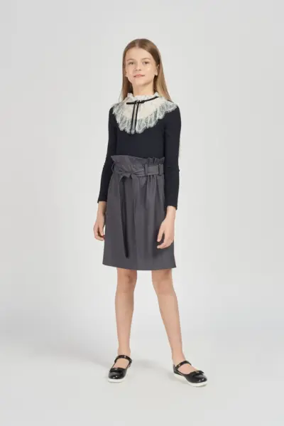 Блузка с кружевом комбинированная, синяя — изображение 4