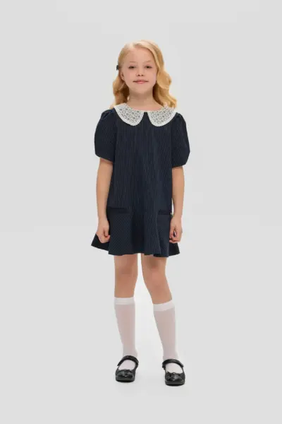 Платье с кружевным воротником, синее — изображение 6