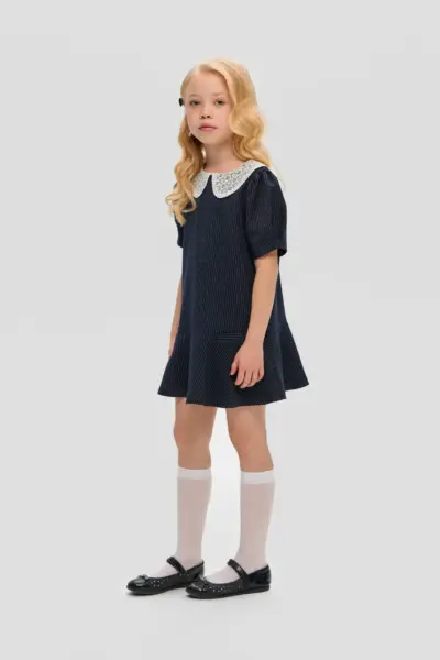 Платье с кружевным воротником, синее — изображение 3