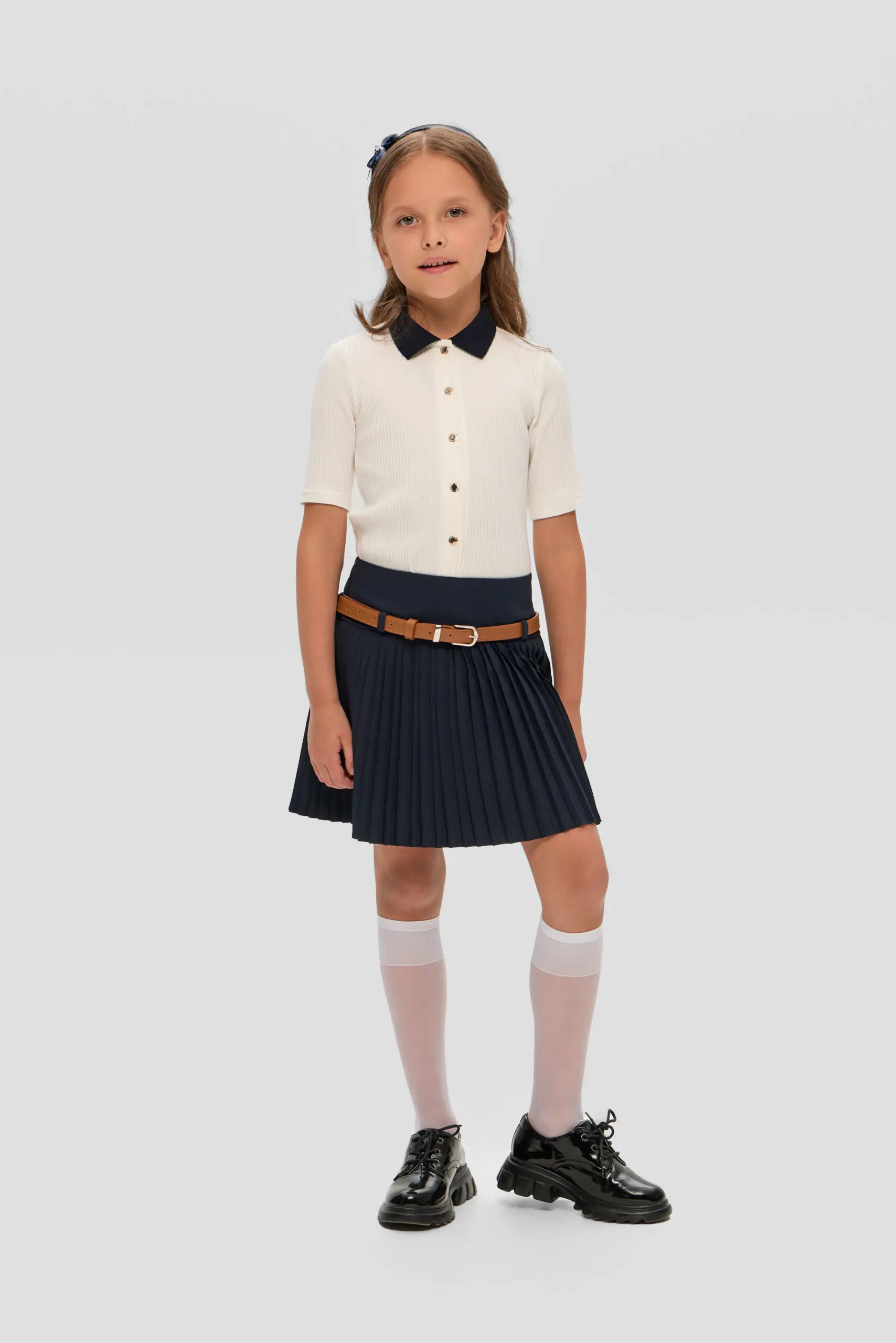 1045.31 (1) Юбка плиссе на кокетке, с ремнем, синяя — изображение 1